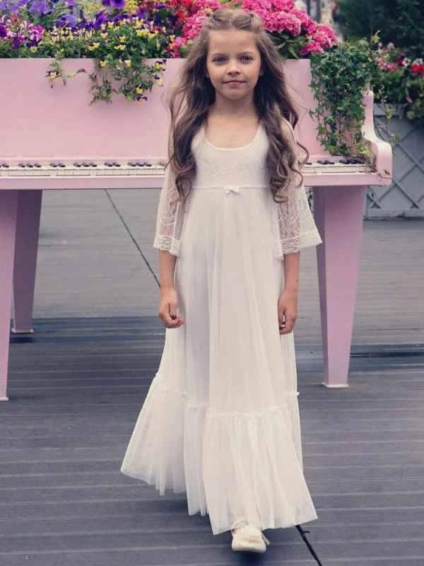 Velvet Evening Dress Ivory Jewel Neck Long Sleeves Lace Little Girl Dresses Party Dresses for Kids
