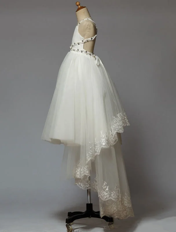 Fancy Evening Dress Ivory Lace Sequins High Low Flower Girl Dress Tulle Kids Pageant Dress With Train Fancy Evening Dress Ivory Lace Sequins High Low Flower Girl Dress Tulle Kids Pageant Dress With Train
