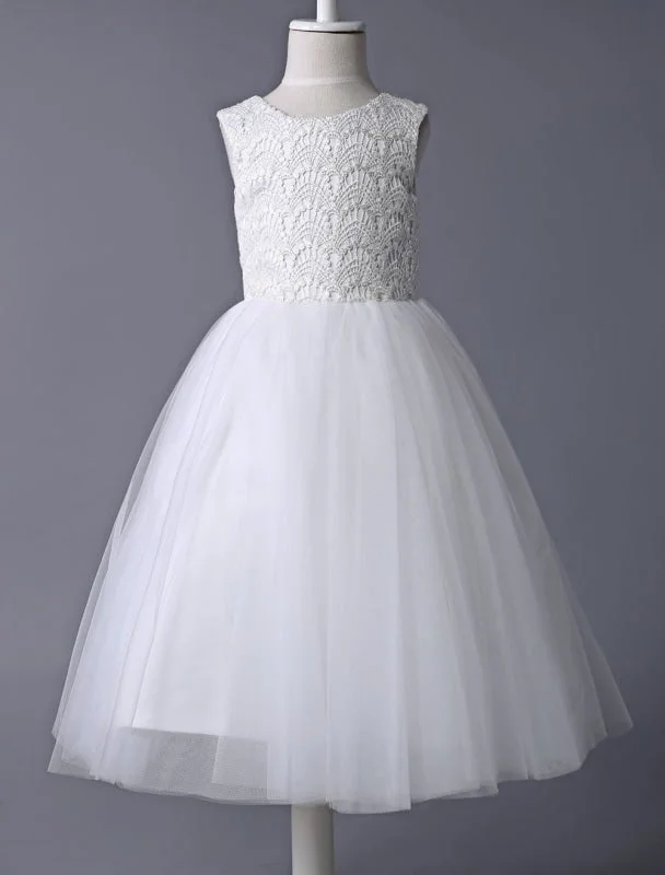 Floral Embroidery Dress Ivory Lace Tulle Tutu Flower Girl Dress  Sleeveless Short Kids Dinner Party Dress First Communion Dresses