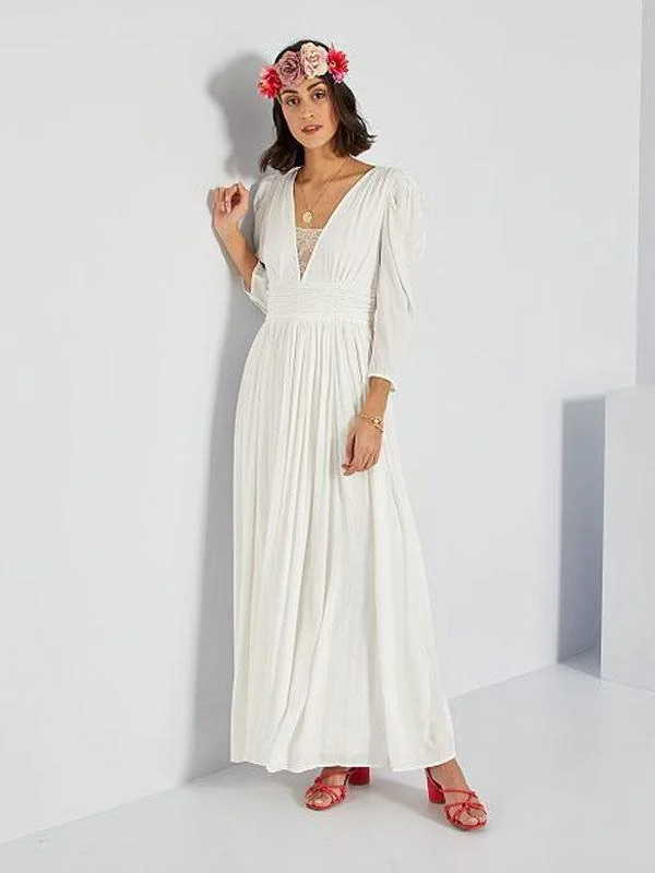 Bodycon Gown Ivory Simple Wedding Dress A-Line V-Neck Long Sleeves Pleated Floor-Length Chiffon Bridal Dresses Bodycon Gown Ivory Simple Wedding Dress A-Line V-Neck Long Sleeves Pleated Floor-Length Chiffon Bridal Dresses
