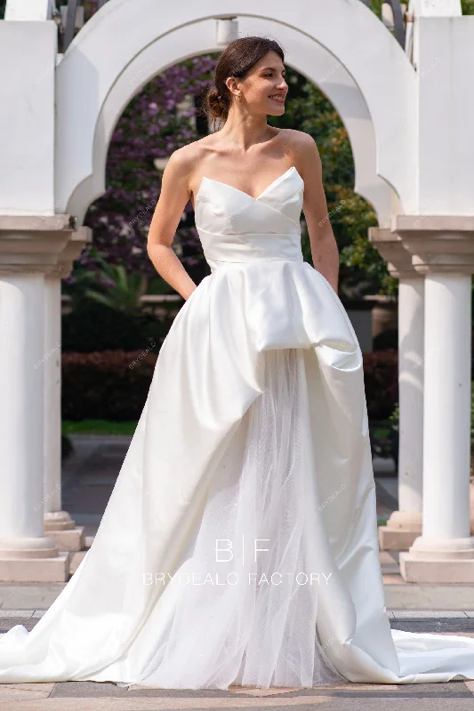 A-Line Gown Ivory Strapless Designer Satin Destination Wedding Ball Gown with Pocket A-Line Gown Ivory Strapless Designer Satin Destination Wedding Ball Gown with Pocket