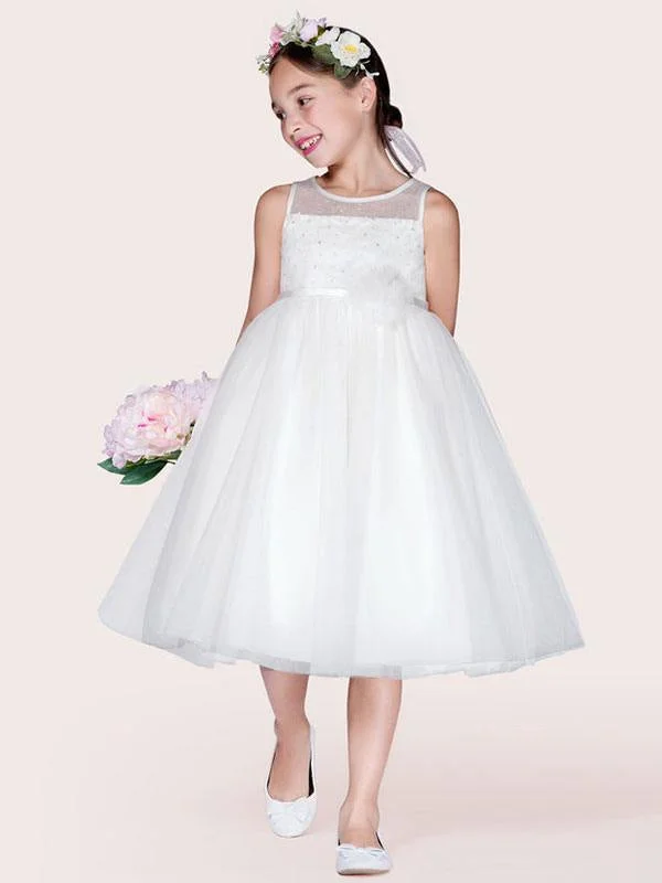 Floor-Length Satin Dress Ivory Tulle Jewel Neck Sleeveless Flower Girl Dresses A-Line Beaded Kids Social Party Dresses