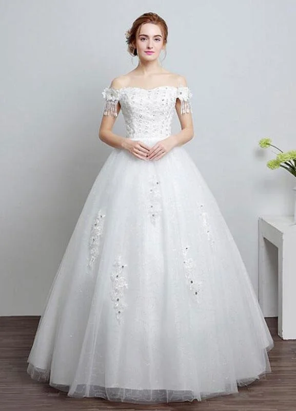Elegant Gown Ivory Wedding Dress Off The Shoulder Lace Ball Gown Beaded Floor Length Bridal Dress With Rhinestone Elegant Gown Ivory Wedding Dress Off The Shoulder Lace Ball Gown Beaded Floor Length Bridal Dress With Rhinestone