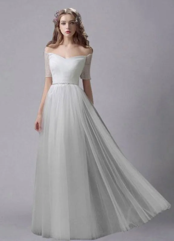 Party Dress Ivory Wedding Dress Off-The-Shoulder Sash Rhinestone Wedding Gown
