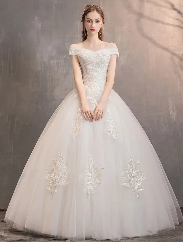A-Line Gown Ivory Wedding Dresses Tulle Off The Shoulder Lace Applique Floor Length Princess Bridal Gown A-Line Gown Ivory Wedding Dresses Tulle Off The Shoulder Lace Applique Floor Length Princess Bridal Gown