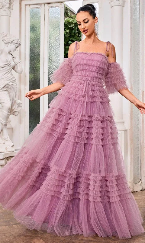 Beaded Evening Dress J'Adore Dresses J24043 - Straight Across Tiered Tulle Evening Gown