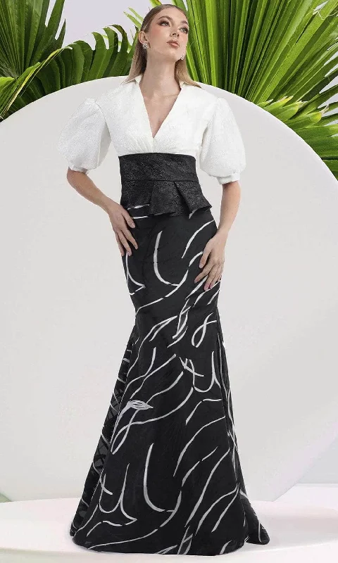 V-Neck Dress Janique 24989 - Two Tone V-Neck Collared Gown