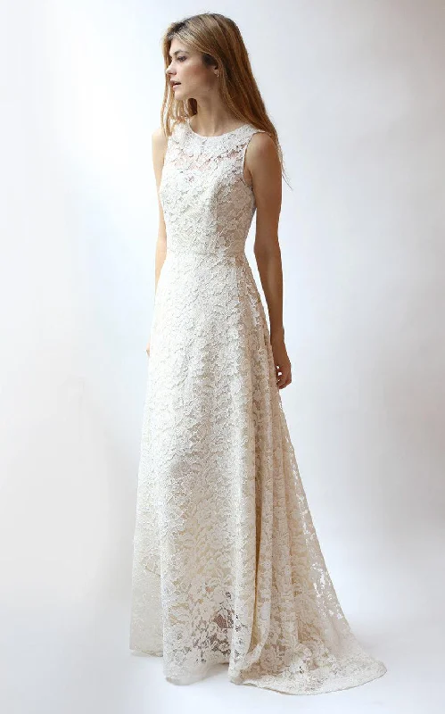 Pleated Gown Jewel Neck A-Line Sleeveless Lace Dress With Low-V Back - ET_711289