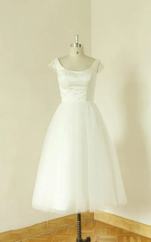 Lush Satin Gown Jewel Neck Cap Sleeve A-Line Tea-Length Tulle Wedding Dress-711229 Lush Satin Gown Jewel Neck Cap Sleeve A-Line Tea-Length Tulle Wedding Dress-711229