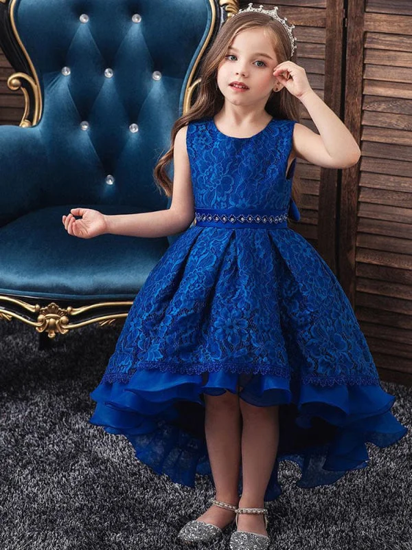 Chic Formal Gown Jewel Neck Hi-Lo Flower Girl Dresses With Train Floral Lace Princess Wedding Party Dress
