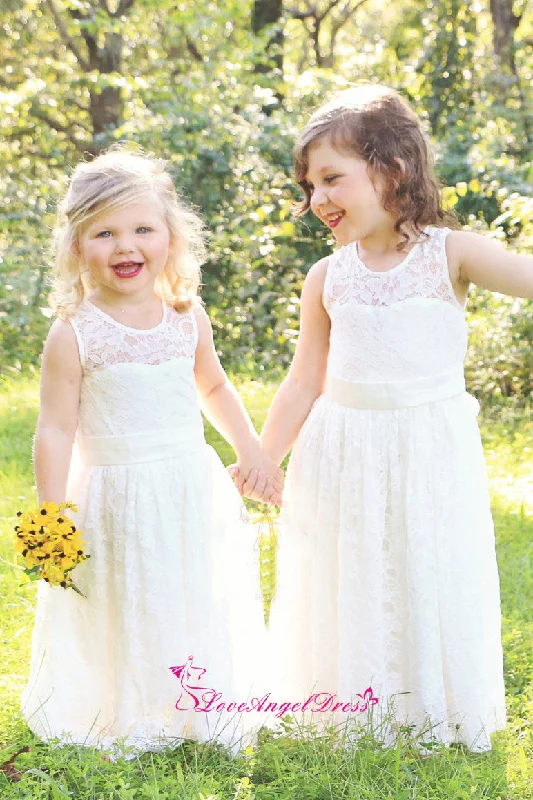 Formal Attire Jewel Neck Lace Ivory Flower Girl Dress with Bow Sash