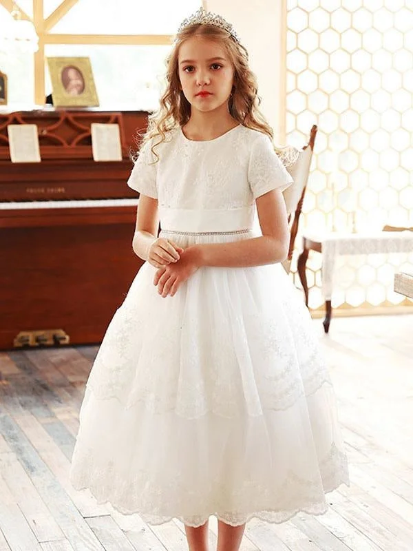 Halter Neck Dress Jewel Neck Lace Short Sleeves Flower Girl Dresses White Tea-Length A-Line Lace Formal Kids Pageant Dresses