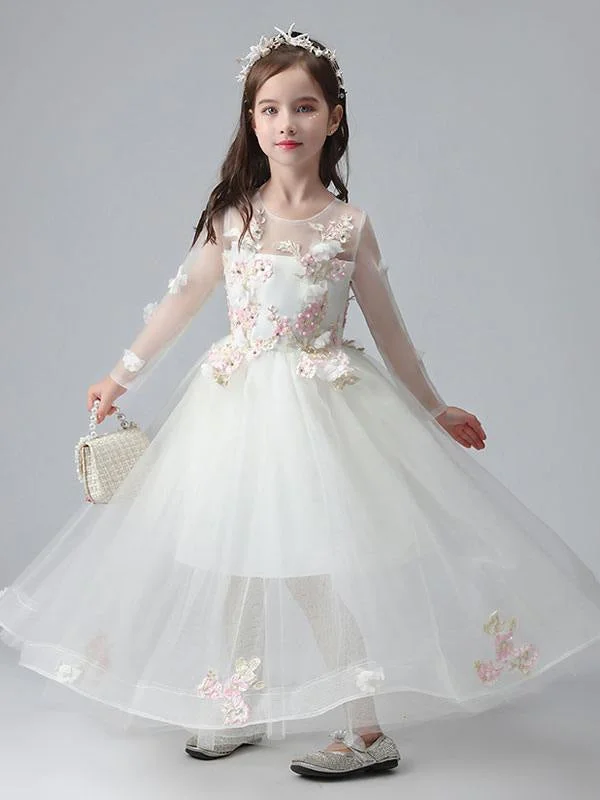 Satin Gown Jewel Neck Long Sleeves Ankle-Length Princess Dress Tulle Flowers Beaded Embroidered Formal Kids Pageant Dresses