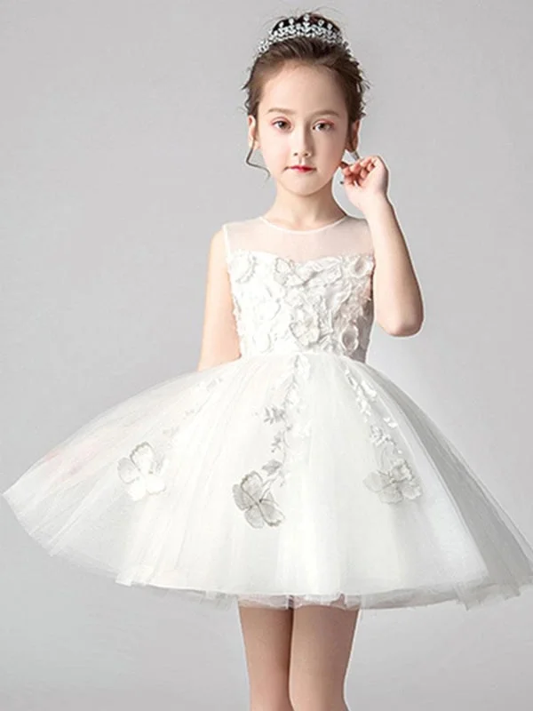 Tulle Skirt Dress Jewel Neck Sleeveless Bows Kid Party Dresses Butterfly Pattern Flower Girl Dresses