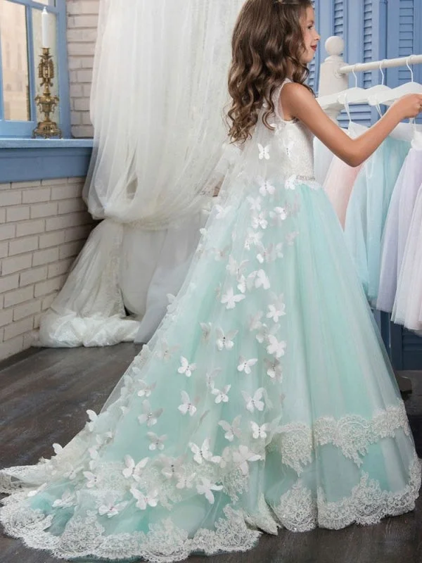 Fancy Embellished Dress Jewel Neck Sleeveless Butterfly Flower Girl Dresses Detachable Wrap Formal Kids Pageant Dresses