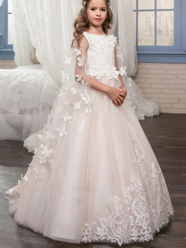 Bodycon Gown Jewel Neck Sleeveless Flower Girl Dresses Lace Applique Detachable Tulle Warp Formal Kids Pageant Dresses