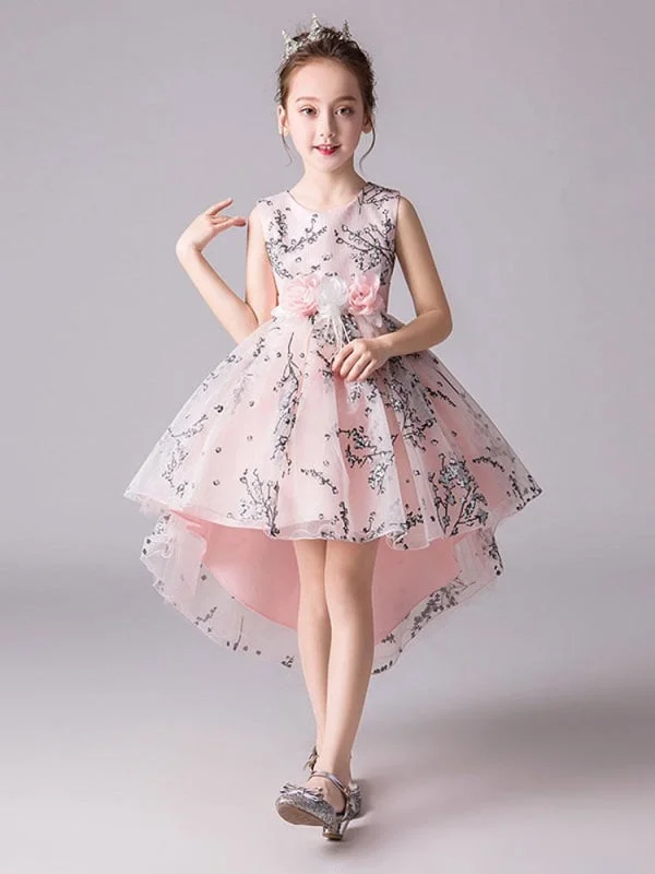 Luxe Satin Dress Jewel Neck Sleeveless Hi-Lo Flower Girl Dresses Formal Kids Pageant Dresses with Bow