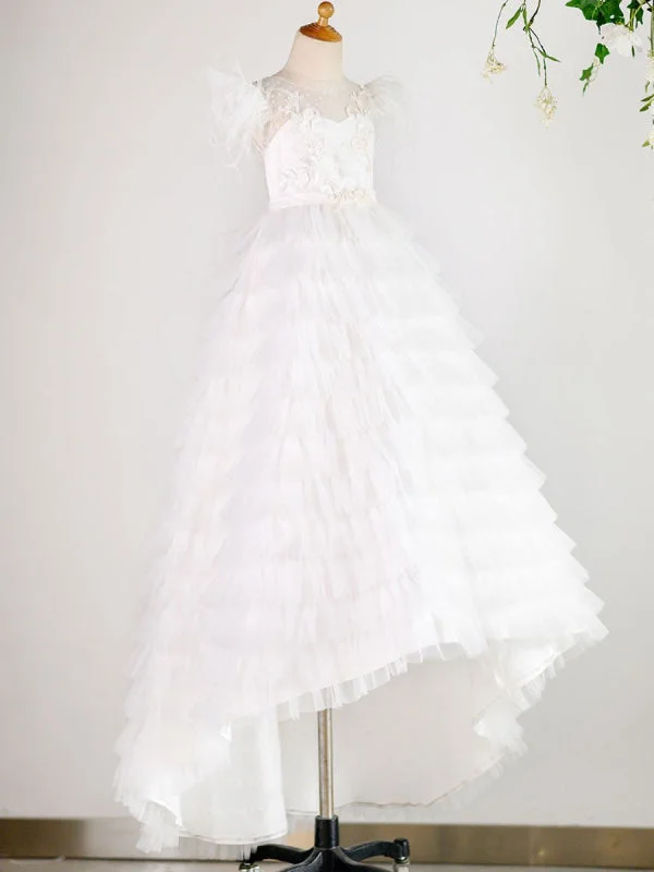 Sheer Panel Dress Jewel Neck Tulle Short Sleeves Flower Girl Dresses Floor Length Princess Lace Formal Kids Dresses
