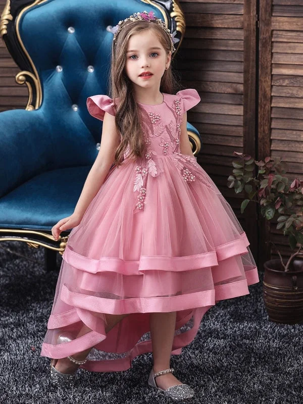 Asymmetrical Gown Jewel Neck Tulle Sleeveless 3D Floral Princess Hi-LoFlower Girl Dress With Train