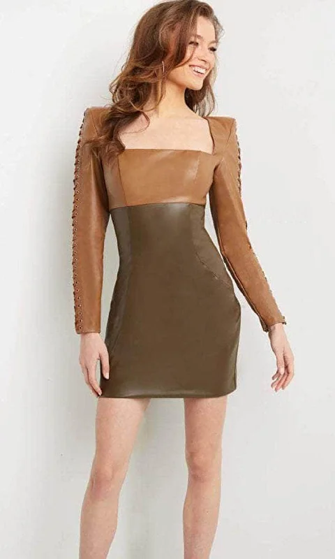 Formal Attire Jovani 09585 - Long Sleeves Square Neck Short Dress