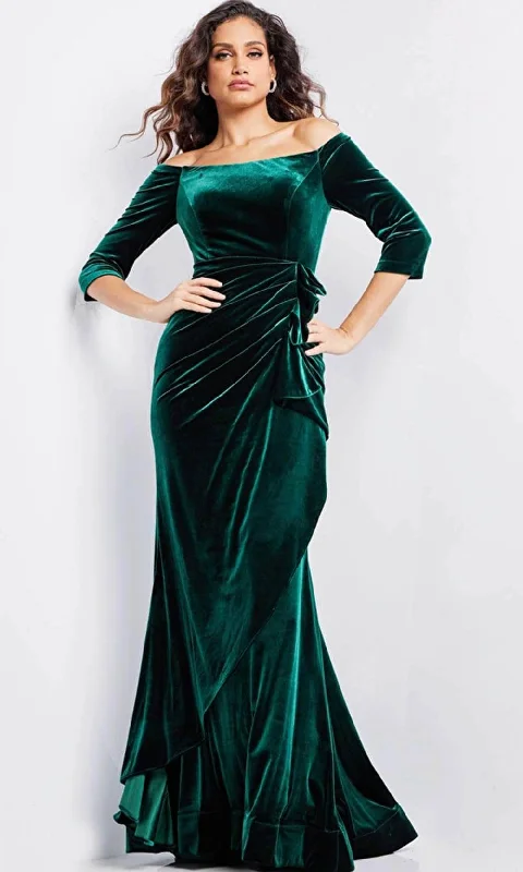 Lace Dress Jovani 36458 - Velvet Quarter Sleeve Evening Gown