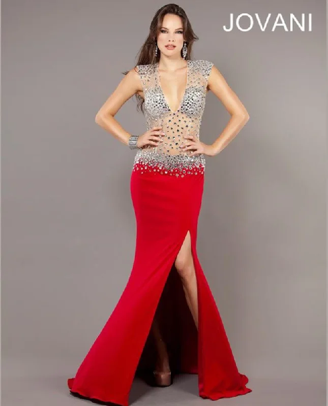 Lavish Evening Gown Jovani 74234 Deep V Neck Illusion Long Prom Gown