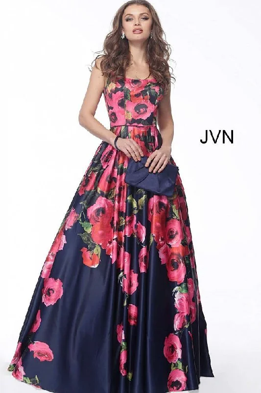 Lace Sleeves Dress Jovani 67128 Long Floral Print Prom Dress