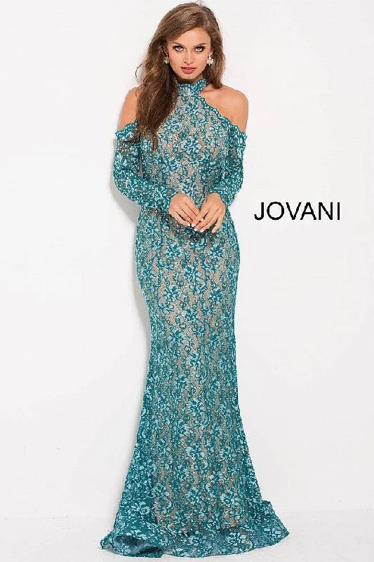 Drape Sleeve Dress Jovani 58376 Long Sleeve Cold-Shoulder Long Gown