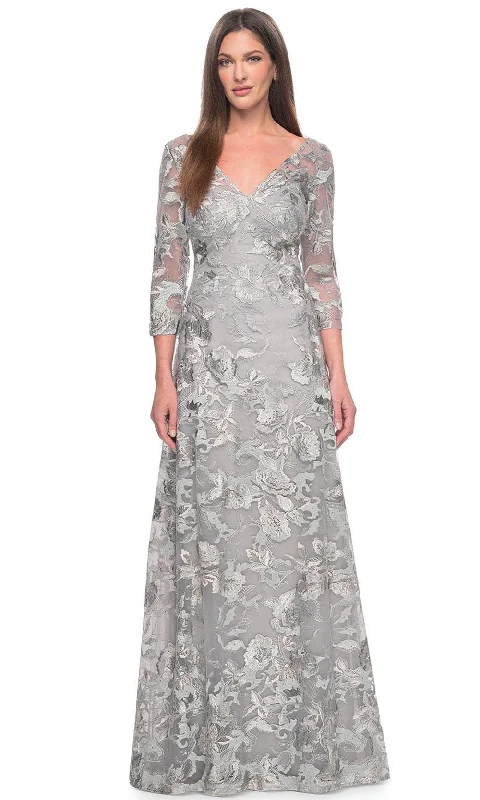 Metallic Formal Dress La Femme 30062 - Embroidered Quarter Sleeve Prom Gown