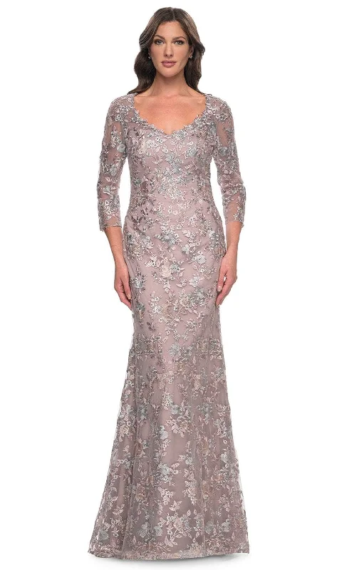 Lavish Evening Gown La Femme 30081 - Floral Embroidered Quarter Sleeve Prom Dress