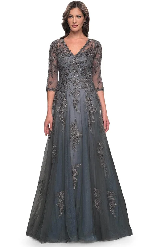 Embellished Maxi Dress La Femme 30201 - V-Neck Embroidered Long Dress