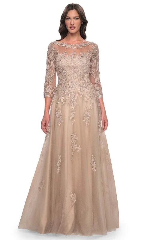 Glittering Evening Gown La Femme 30859 - Quarter Sleeve Bateau Neck Evening Gown