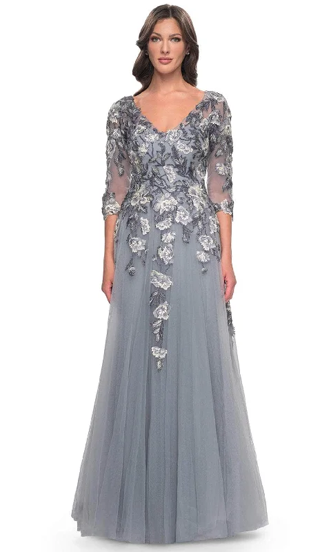 Timeless Satin Dress La Femme 30968 - Quarter Sleeve Embroidered Long Gown