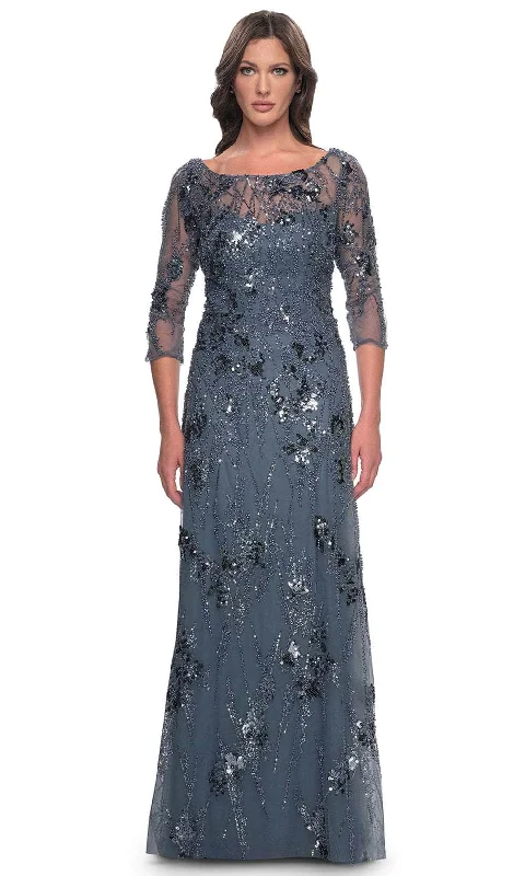 Vintage Lace Dress La Femme 31458 - Quarter Sleeve Rhinestone Embellished Evening Gown