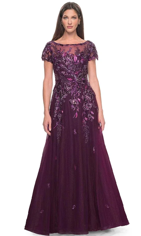 Lace Sleeves Dress La Femme 31712 - Floral Lace Applique A-line Evening Dress