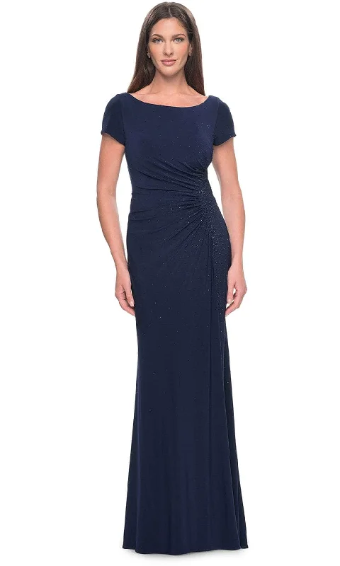 Ruched Satin Dress La Femme 31773 - Bateau Rhinestone Formal Dress