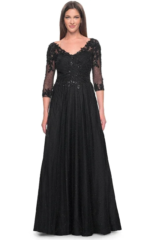 Rose Gold Dress La Femme 31776 - Embroidered V-Neck Evening Dress