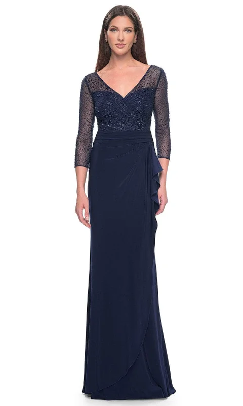 Lush Satin Gown La Femme 31777 - Illusion V-Neck Rhinestone Formal Dress