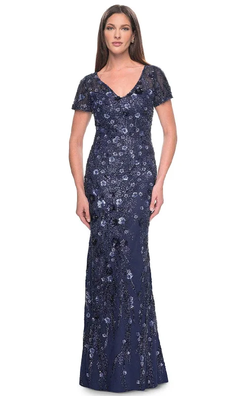 Polka Dot Gown La Femme 31779 - V-Neck Sparkling Floral Embellished Evening Dress