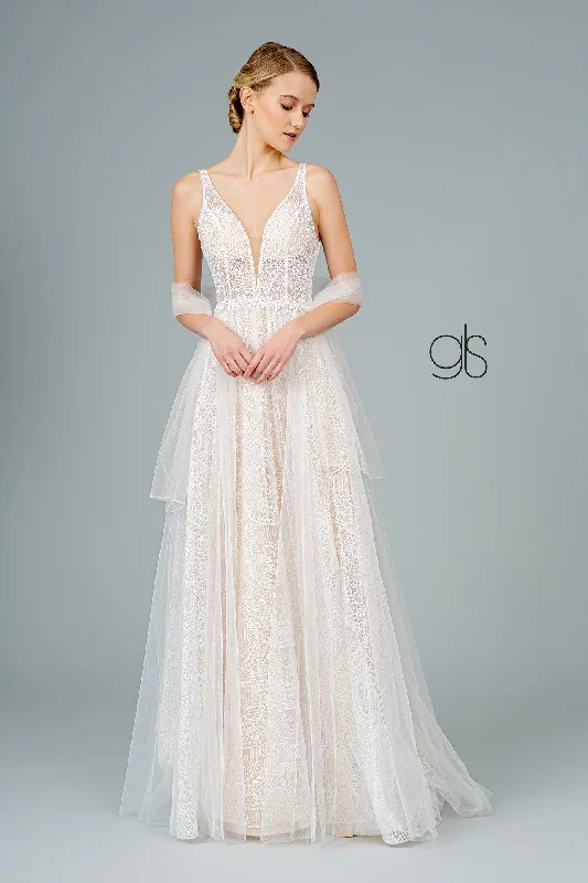Evening Gown Lace Mesh Layered Long Wedding Dress