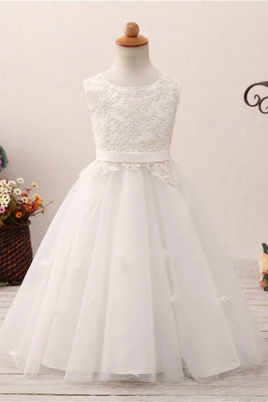 Regal Ball Gown Lace Applique Lace-Up Back White Flower Girl Dress with Ribbon