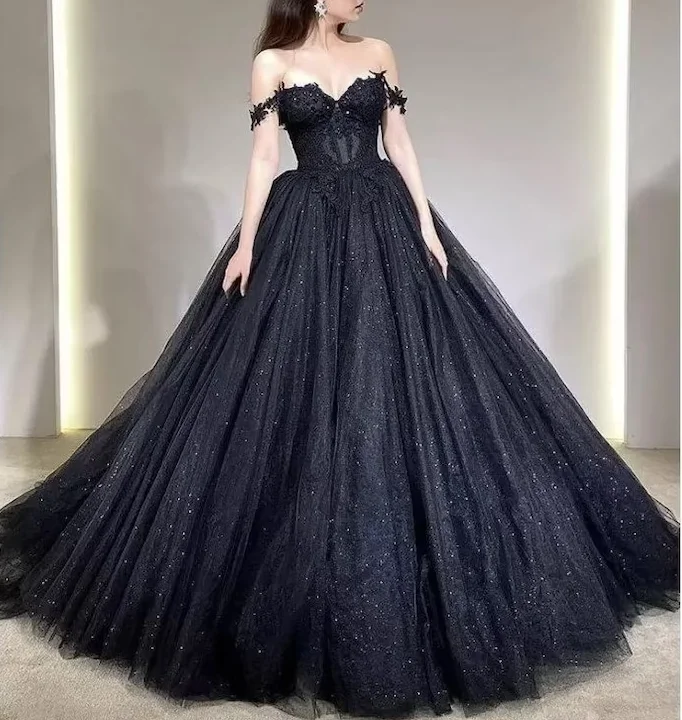 Floor-Length Dress Lace Applique Tulle Dress, Black Glitter Wedding Dress, 3D Flowers Long Evening Gown fg2942 Floor-Length Dress Lace Applique Tulle Dress, Black Glitter Wedding Dress, 3D Flowers Long Evening Gown fg2942