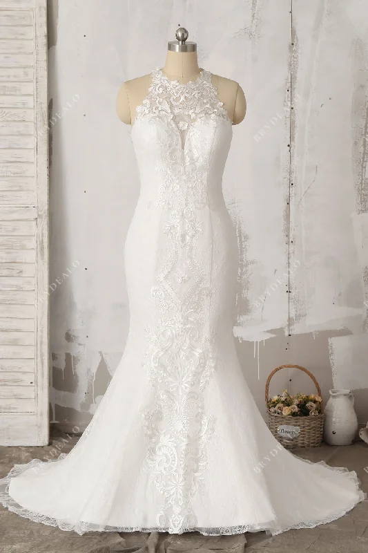 Peplum Dress Sleeveless Stylish Lace Illusion Halter Mermaid Wedding Dress