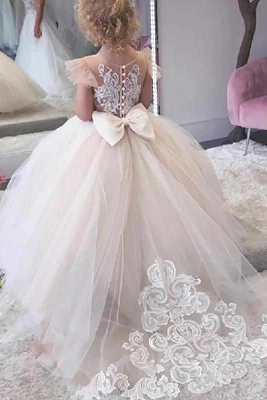 Pearl Embellished Gown Lace Ivory Flower Girl Dresses Appliques