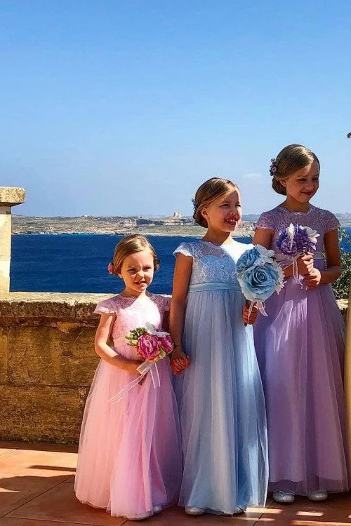 Modest Gown Lace Sleeves Toddler Flower Girls Dresses with Tulle Skirt