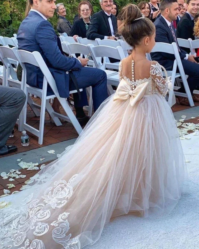 Off-Shoulder Dress Lovely Princess Jewel Long Sleeves Long Flower Girl Dresses | Ivory Little Girls Peagant Dress with Bowknot