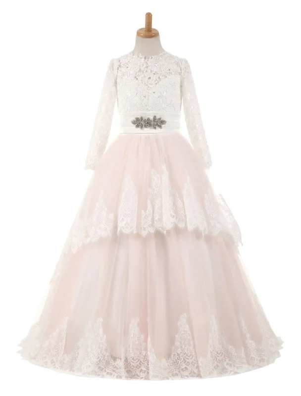 Pleated Gown Lace Tulle Long Sleeve Flower Girl Dresses Satin Pageant Dresses Sash Blush Pink Floor Length Party Dress