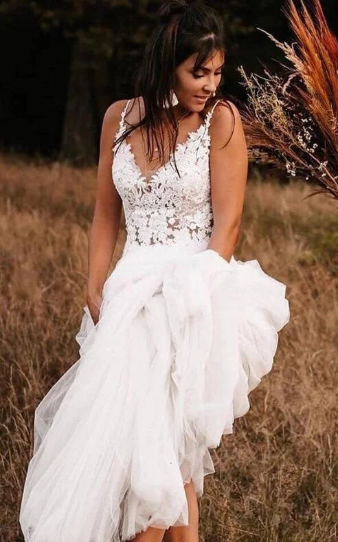 Pearl Embellished Gown Lace Tulle Sweep Train A Line Sleeveless Casual Wedding Dress with Appliques-715985 Pearl Embellished Gown Lace Tulle Sweep Train A Line Sleeveless Casual Wedding Dress with Appliques-715985