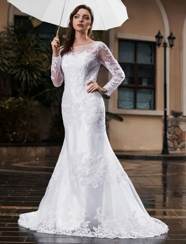 Statement Sleeve Dress Lace Wedding Dress Ivory White Jewel Neck Long Sleeves With Train Tulle Bridal Gowns Maxi Wedding Dress Statement Sleeve Dress Lace Wedding Dress Ivory White Jewel Neck Long Sleeves With Train Tulle Bridal Gowns Maxi Wedding Dress