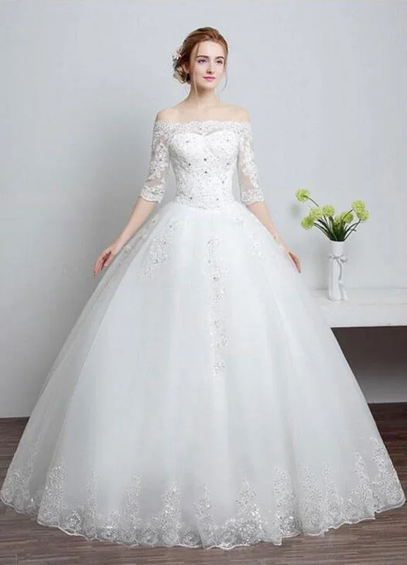 Elegant Wedding Gown Lace Wedding Dress Off The Shoulder Ivory A Line Lace Up Half Sleeve Sequined Floor Length Bridal Dress Elegant Wedding Gown Lace Wedding Dress Off The Shoulder Ivory A Line Lace Up Half Sleeve Sequined Floor Length Bridal Dress